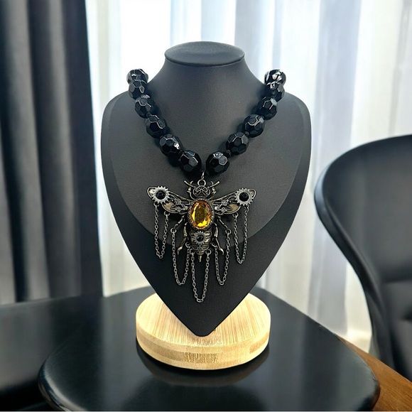 steampunk-themed insect pendant black beaded tie bib one of a kind necklace - Picture 1 of 7